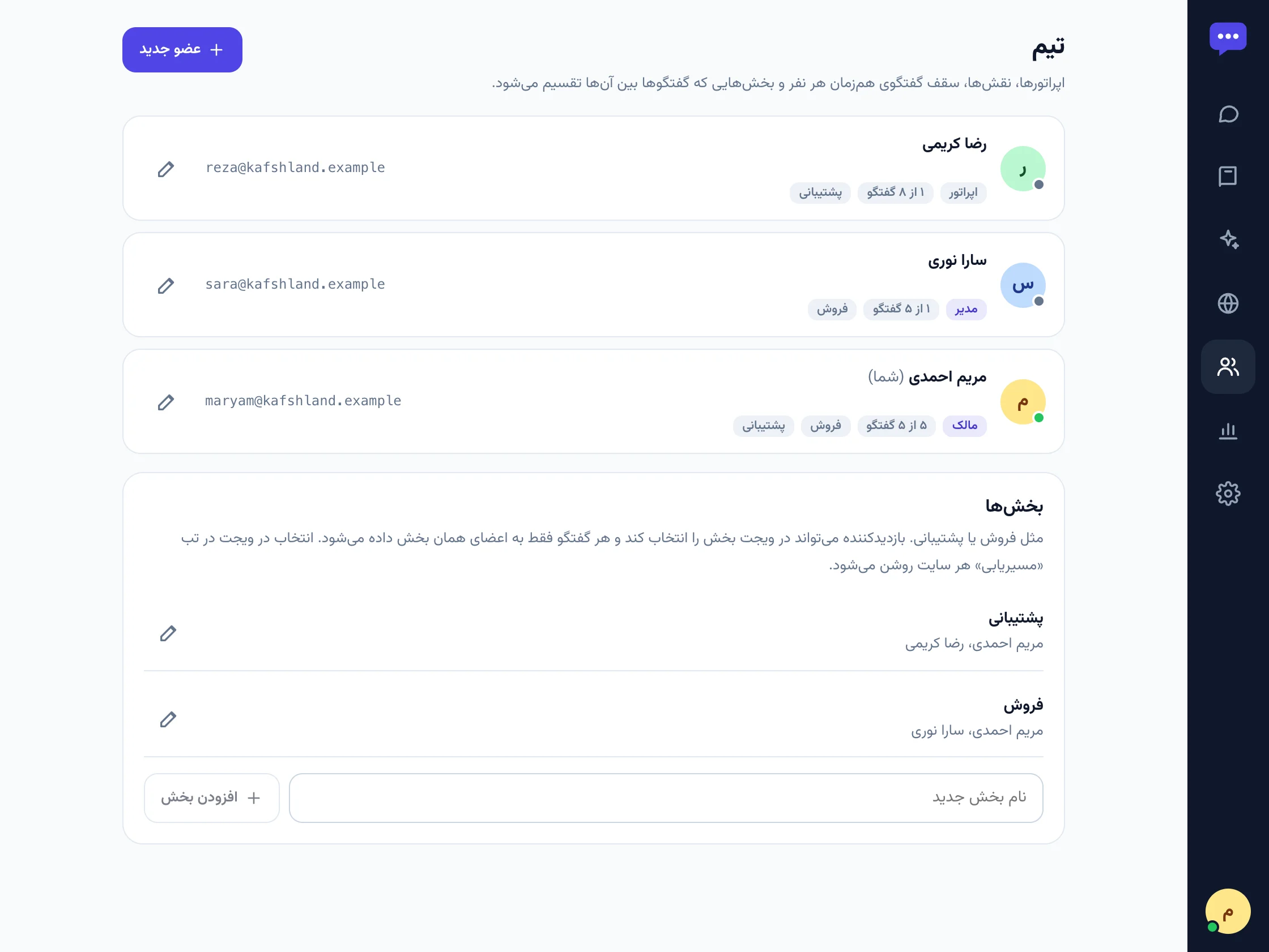 صفحه‌ی تیم با اعضا و بخش‌ها