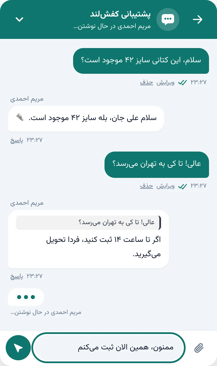 گفتگوی علی با پشتیبانی کفش‌لند در ویجت